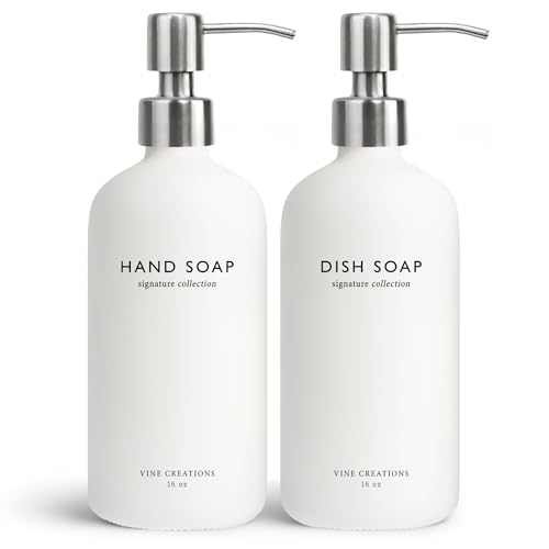 Vine Creations White Glass Soap Dispenser Set, Dish Soap and Hand Soap Dispenser Set with Stainless Steel Pump, 16 oz Glass Dispensers for Kitchen or Bathroom Decor (Matte White Bottle/Silver) - color: White Bottle / Silver Pump
