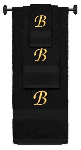 Monogrammed Bath, Hand, Washcloth Cotton Towel Set, Personalized Gift 3Pc-B - color: Black & Gold, size: Initial B