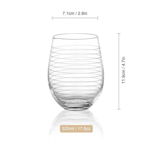 Joeyan Hand Blown Etched Stemless Wine Glasses with Strips Swirls Pattern for Red Wine,Large Carved Drinking Glass Cups Tumblers for Wedding Anniversary Party Home,Set of 2, 17.5 oz, Dishwasher Safe - color: Etched Swirls Horizontal Stripes Patterned