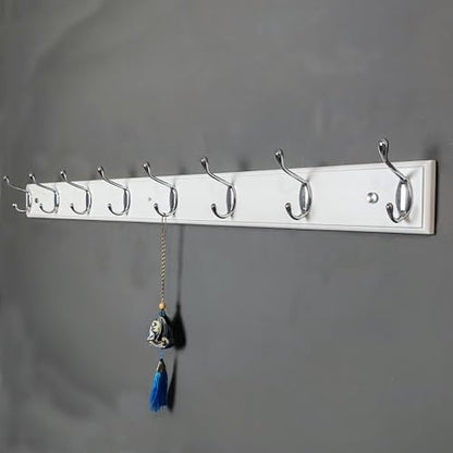 Wooden Wall Mounted Coat Rack 35 inch (90cm) with 8 Silver Hooks, Lang Wood White Coat Hook for Entrance, Hallway, Bedroom, Wall Clothes Hanger - size: Long-35.4in(90cm),8 Silver Hooks, style: Modern