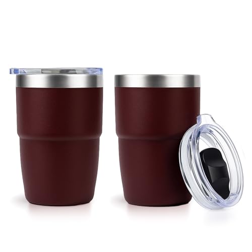 Zenbo 8 oz Stackable Espresso/Coffee Cups with Magnetic Lid, Ceramic-Lined | 18/8 Stainless Steel Mini Tumblers, Double-Wall Vacuum Insulated & Dishwasher Safe for Travel, Office, Wild Berry Red-2 Pack - color: Vine Crimson Red