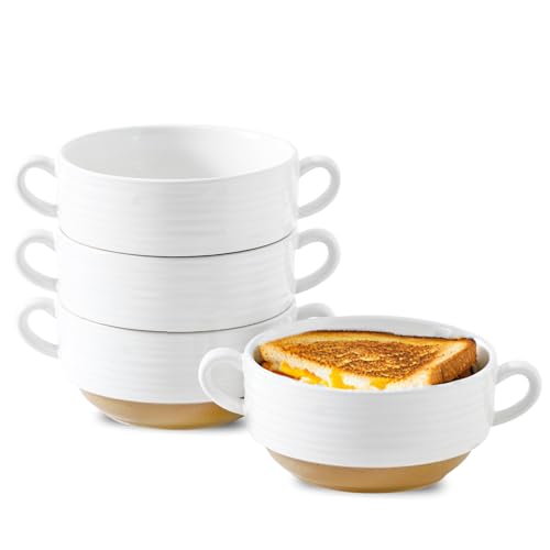 HASENSE Ceramic Soup Bowls with Handles, 20 Oz French Onion Soup Crocks Set of 4, Stackable White Serving Bowls for Stew, Chili & Cereal, Oven Microwave Dishwasher Safe, Christmas Kitchen Gift - color: White, size: Set of 4