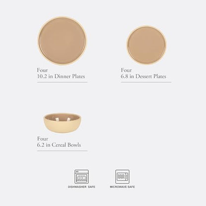 Gibson Elite - Made in Portugal - Port Gaia 12 Piece (Service for 4) Plates and Bowls Reactive Glaze Dishes Stoneware Ceramic Dinnerware Set - Taupe - color: Taupe (12pc Dinnerware Set)
