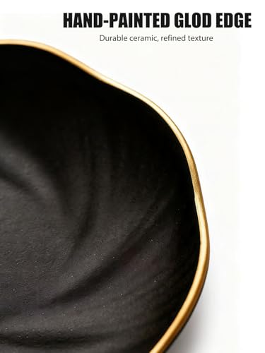 Black Ceramic Jewelry Tray with Gold Edge, 5 Inch Modern Trinket Dish for Rings & Earrings, Minimal Vanity Organizer - color: Black_round