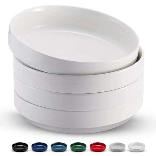 KooK Pasta Bowl, Bowl Plate, Low Bowl, Plate Bowls, Ceramic Large Shallow Bowls, Microwave and Dishwasher Safe, Great for Soups and Salads, Glossy Porcelain, 47 oz, Set of 4, White - color: White