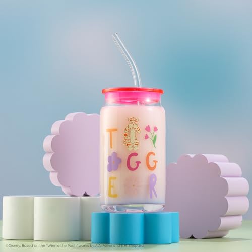 JoyJolt Disney Winnie the Pooh & Friends Flower Power Glass Tumblers with Lids and Straws, 16oz Glass Cups with Lids and Straws, Can Shaped Drinking Glasses Set of 4, Disney Gifts for Adults - style: Winnie the Pooh