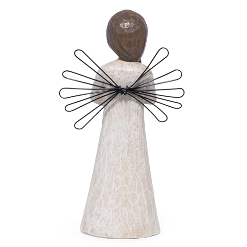 Hodao Angel Figurine with Red Heart, 5.1" Resin Wood-Carved Look with Metal Wire Wings, Hand-Painted Indoor Home Decorations, Spiritual Holiday Decor Ornaments, Gift-Ready Box - style: Z-holding heart-small