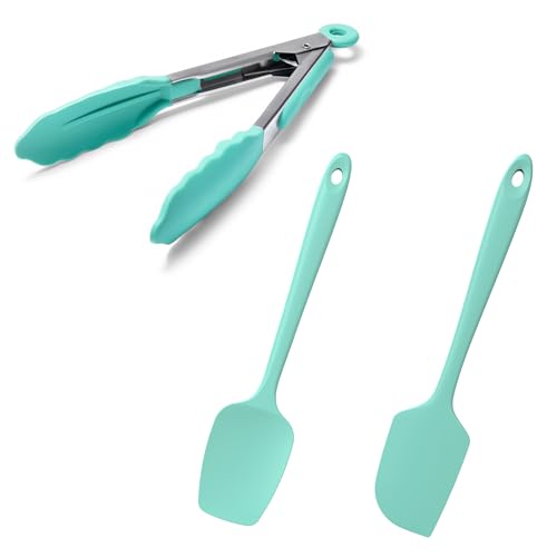 Doosu 7in Kitchen Tong for Cooking - 600°F Heat Resistant Food Tong with Non-Scratch Silicone Tips & 600°F Heat Resistant Silicone Spatula Set of 2 for Kitchen Cooking Baking Stirring (Aqua Sky)