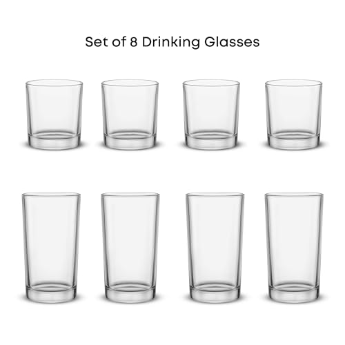 JoyJolt Alain Drinking Glasses Set of 8 Glass Tumblers. Highball 14oz Bar Glasses and Lowball 10oz Rocks Glasses Set. Cocktail, Juice, Whiskey Glasses or Water Glasses. Kitchen or Bar Glassware Set - style: Clear Glasses