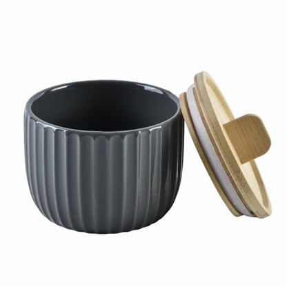 Salt Cellar Keeper with Bamboo Lid, 14oz Big Capacity Ceramic Sugar Bowls Pepper Box, Crackle Glaze Seasoning Container Condiment Pot for Kitchen (Black Color) - color: Black