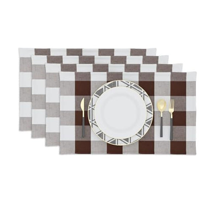 Brown & White 2 Side Cotton Buffalo Check Placemats Set of 4 Heat Resistant Dining Table Place Mats for Kitchen Table 12 x 18 inches - color: Plaids Brown & White, size: Rectangular Placemats 12" x 18"