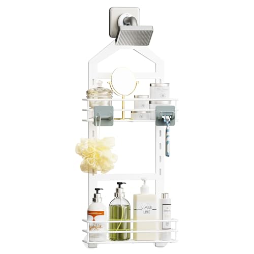 Orimade Adjustable Anti-slip Shower Caddy over Shower Head, Rustproof Bathroom Hanging Shower Organizer with 2 Hooks for Razor, No Drilling Shelves Storage Rack 2 Tier, White - color: White - 2 Tier