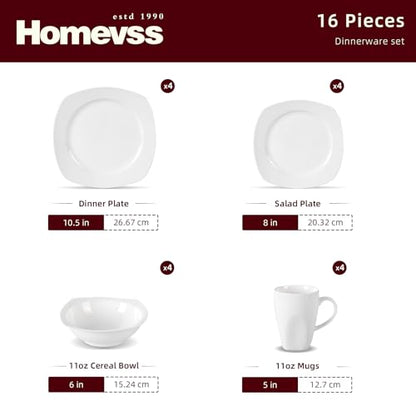 HomeVss, New Bone China Embossed Dinnerware Set, Coupe Square Shape, 16pc Set - color: Square Coupe, size: Service for 4 - 16pc Set