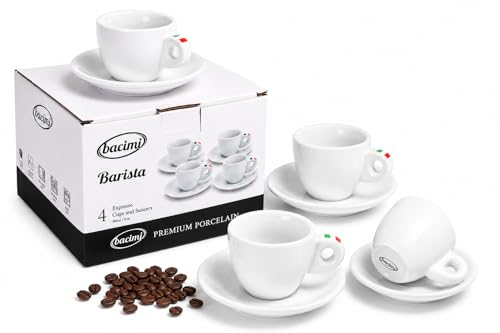 Bacimi® Espresso Cups & Saucers Set of 4 – 3 oz Thick Porcelain Coffee Cups - Barista Style Set - Classic Italian Design - Ceramic Cups for Espresso, Macchiato, Doppio – Dishwasher & Microwave Safe