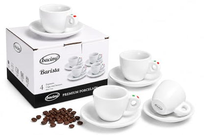 Bacimi® Espresso Cups & Saucers Set of 4 – 3 oz Thick Porcelain Coffee Cups - Barista Style Set - Classic Italian Design - Ceramic Cups for Espresso, Macchiato, Doppio – Dishwasher & Microwave Safe