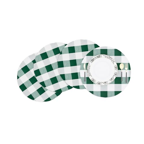 4 Pieces Dark Green & White Cotton Buffalo Check Plaid Round Placemat 15 Inch Gingham Fabric Handcrafted Machine Washable Indoor & Outdoor Tablemat - color: Plaids Dark Green & White, size: Round Placemats 15"