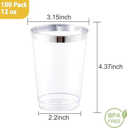 I00000 100 Pack 12 oz Silver Plastic Cups, Premium Silver Disposable Cups | BPA-Free, Heavy Duty, Everyday Use, Bulk Catering, Wine Glasses, Cocktail Glasses, Silver Cups Perfect for Party & Wedding - color: 12-Silver-100