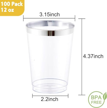 I00000 100 Pack 12 oz Silver Plastic Cups, Premium Silver Disposable Cups | BPA-Free, Heavy Duty, Everyday Use, Bulk Catering, Wine Glasses, Cocktail Glasses, Silver Cups Perfect for Party & Wedding - color: 12-Silver-100