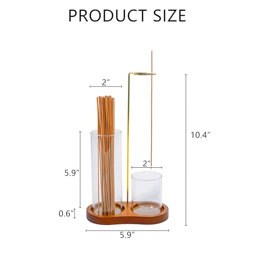 Modern 2-in-1 Incense Holder with Glass Ash Catcher, Featuring a Wood Tray, Metal Rod & 2 Glass Cups for Organized Burning. Perfect for a Clean Desk, Zen Meditation, Yoga and Home Decor