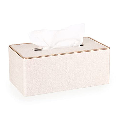 Sumnacon Rectangular Linen Tissue Box Cover - Stylish Tissue Box Holder with Magnetic Bottom, Decorative Tissue Box for Bathroom Toilet Vanity Night Stand Table Countertop Office, Beige Linen Texture | Decorative Tissue Box Cover Rectangular with Gold Gri