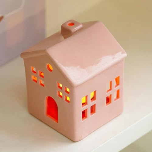 Hollowed Ceramic Village House Tealight Candle Holder for Home Fireplace Mantel Table Centerpiece Winter Holiday Christmas Decorations (Pink) - color: Pink