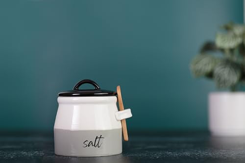 Salt Cellar with Lid and Spoon 10 oz - Handmade Ceramic Salt Keeper with 1.75 inch Lid and 3 inch Bamboo Spoon - Stylish Salt Container for Kitchen Decor