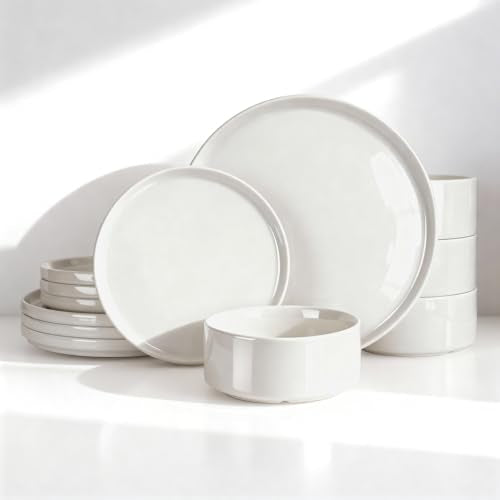 Famiware Porcelain 12-Piece Dinnerware Set, White | Plates and Bowls for 4, Dishwasher & Microwave Safe, Chip & Scratch Resistant, Ideal for Everyday & Formal Use - color: Pure White, size: Service for 4 (Standard Dinner Set)