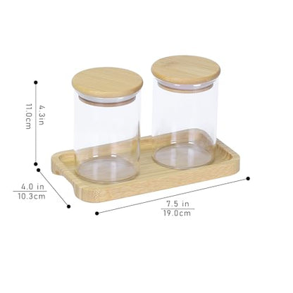 INIUNIK Qtip Holder with Vanity Tray - 2 Pack Glass Apothecary Jars with Lids, Cotton Ball Swab Pad Floss Pick Holder, Bathroom Organizers Jars Containers Canisters Accessories Set