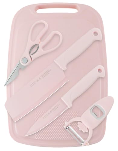 SUJAYU 5 in 1 Mini Knife and Cutting Board Set, Pink, Compact, Stainless Steel, One Size, Adult, Indoor/Outdoor Use - color: Pink
