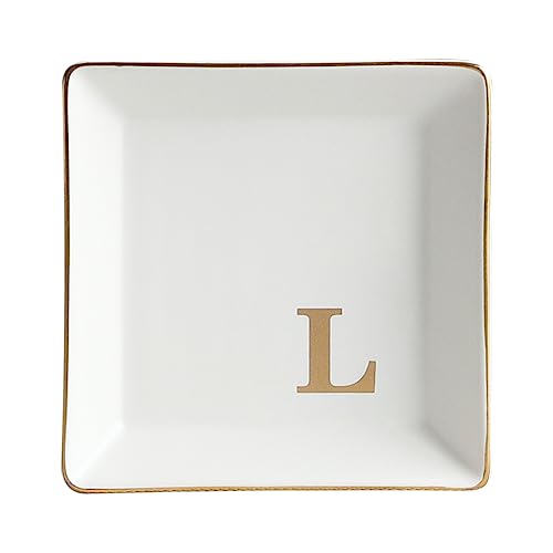 COLLECTIVE HOME - Ceramic Jewelry Tray, Monogram Decorative Trinket Dish for Rings Earrings Necklaces Bracelet Watch Keys, Birthday Mother's Day Christmas Gift for Women, 4" x 4" (L) - color: L