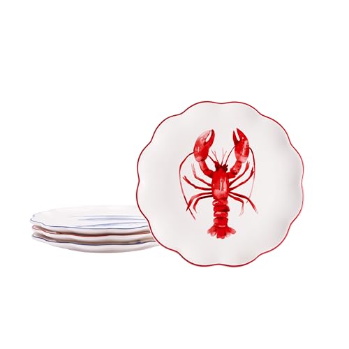Bico Ocean Wonders Scalloped Salad Plates Set of 4, 8.75 Inch Ceramic Dessert Plates for Salad, Appetizer, Side Dishes, Microwave and Dishwasher Safe, Gift for Housewarming and Christmas - color: Ocean Creatures