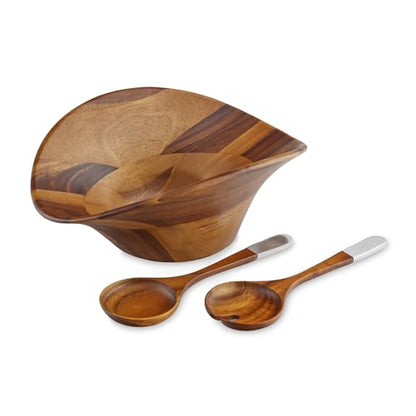 nambe Ripple Wooden Salad Bowl 3 Piece Set | 15.5 -Inch Large Salad Bowl with Serving Utensils | Acacia Wood and Nambe Alloy Salad Servers and Fruit Bowl | Housewarming Gift | Designed by Alvaro Uribe