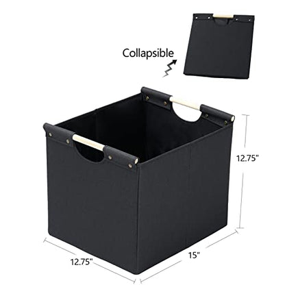 HOONEX Large Collapsible Storage Bins, Linen Fabric, Pack of 2, Storage Baskets with Wooden Carry Handles and Sturdy Heavy Cardboard, for Home, Office, Car, Nursery, Black - color: Black