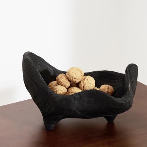 DN DECONATION Oak Wood Black Decorative Bowl, 9.25x5.51 Inch Small Bowl | Matte Black Bowl for Entryway Key, Fruit, Candy with feet, Boho Farmhouse Home Decor for Dining Room Coffee Table Centerpiece - color: Black with feet