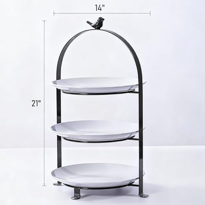 SparkWorks 3 Tiered Cake Stand, Tea Party Serving Platter, Dessert and Cupcake Stand, Metal Tiered Serving Stand Includes Three Premium White Stoneware Plates (10.5 inch) - size: 10.5 inch