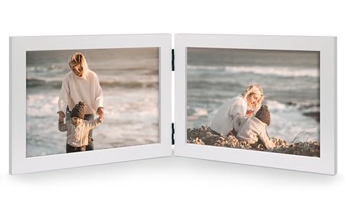 Double 5x7 Horizontal Picture Frame, White Clean-Lined Wood | Hinged foldable design, fits two 5 x 7 landscape photos, 4.5x6.5 visible openings, tabletop or wall use - color: White, size: 2-5x7