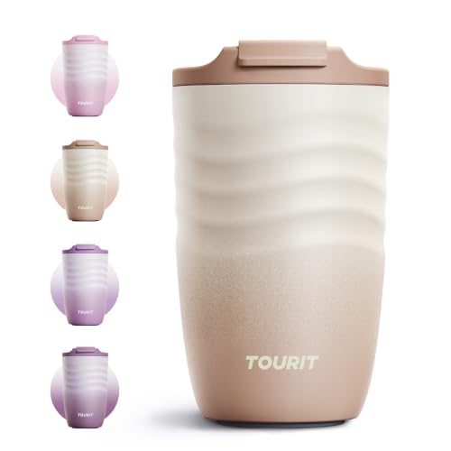 TOURIT 12 oz Travel Coffee Mug, Vacuum Insulated Stainless Steel Tumbler with Ripple-Wave Anti-Slip Grip, Built-in Silicone Bottom for Quiet & Stable, Leak-Proof Lid, Fits Car Cup Holder, Light khaki - color: Light khaki, size: 12 Ounces