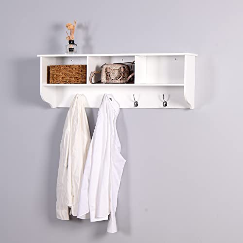 Wall Mounted Coat Rack Shelf,4 Dual Hooks,3 Cubbies,White | 4 dual nickel finish hooks.3 built-in cubbies plus shelf.Holds 55 lbs,MDF,smooth laminate finish.Easy clean,hardware included - color: White