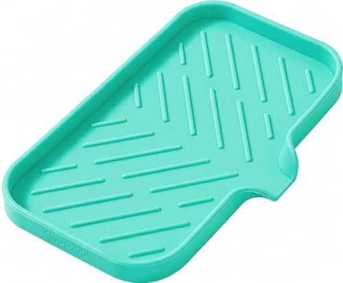 MicoYang Silicone Soap Dish with Drain Spout — Self-Draining Sink Organizer Tray for Bathroom & Kitchen, Sponges, Dispensers & Soap Holder, Non-Slip & Dishwasher Safe, Mint (Medium, 9.6"×5.3") - color: Mint, size: M(9.6"×5.3")