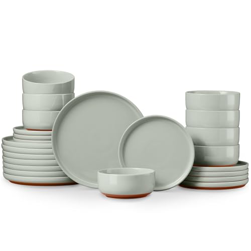 E-far 24-Piece Stoneware Dinnerware Sets, Plates and Bowls Sets for 8, Ceramic Dishware Dishes Set with Terracotta Base, Chip & Scratch Resistant, Microwave & Dishwasher Safe, Speckled Green - color: Sage Green, size: Service for 8