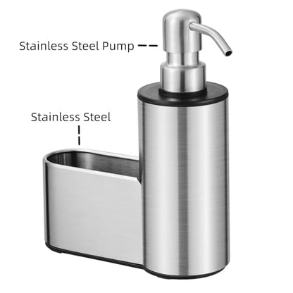 Kitchen Soap Dispenser with Sponge Holder, 12 oz | Dish Soap Dispenser for Kitchen Sink Countertop, Hand Soap Dispenser Bathroom, Stainless Steel Pump