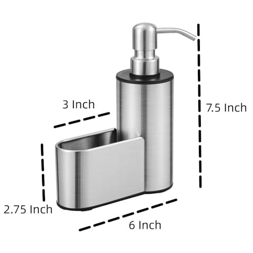 Kitchen Soap Dispenser with Sponge Holder, 12 oz | Dish Soap Dispenser for Kitchen Sink Countertop, Hand Soap Dispenser Bathroom, Stainless Steel Pump