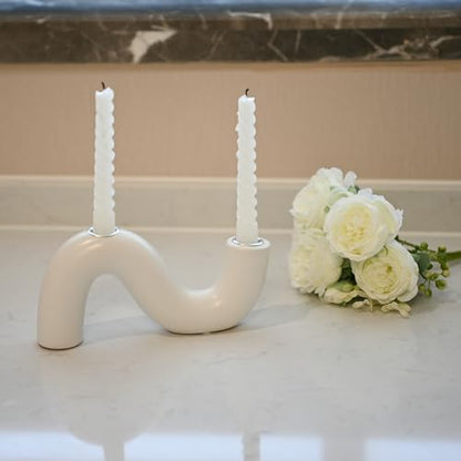 Ceramic Candle Holder, Modern Taper Candlestick Holder for Dining Table, Living Room Coffee Table, Candelabra for 2 Taper Candles-White - color: White