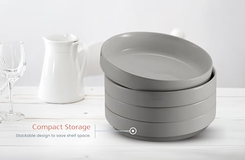 KooK Ceramic Large Pasta Bowls, Microwave and Dishwasher Safe, Great for Soups and Salads, Shallow Serving Bowls, Glossy Porcelain, 47 oz, Set of 4, Powder Grey - color: Powder Grey