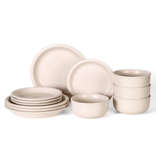 GZG Vintage Series Ceramic Dinnerware Set for 4, 12 Pieces, Cream White | Stoneware Plates and Bowls Set, Lead-Free, Handcrafted Dishes Set, Microwave & Dishwasher Safe - color: Cream Mist, size: Service for 4(12pcs)