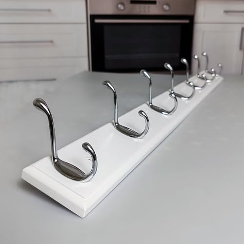 Wood Wall Mounted Coat Rack 32 inch (80cm) with 7 Silver Hooks, Lang Wooden White Wall Coat Hook Rack for Entrance, Hallway, Bedroom, White Wall Clothes Hanger - size: Long-31.5in(80cm),7 Silver Hooks, style: Modern