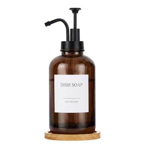 Glass Soap Dispenser with Upgrade Pump, Hand and Dish Soap Dispenser for Bathroom Kitchen, Soap Dispenser Set with 9 Stickers Funnel Bamboo Tray 500ml 18oz Amber - color: Amber