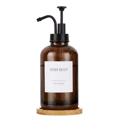 Glass Soap Dispenser with Upgrade Pump, Hand and Dish Soap Dispenser for Bathroom Kitchen, Soap Dispenser Set with 9 Stickers Funnel Bamboo Tray 500ml 18oz Amber - color: Amber