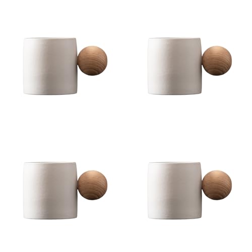 2-Oz Ceramic Espresso Cups with Wood Handle, 2/4-Piece Set for Coffee, Tea, Latte - Dishwasher Safe, Multi-Color & Wood Styles, Gift & Café Use (white, Round Handle4) - color: White, size: Round Handle4