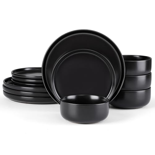 E-far Stoneware Dinnerware Sets for 4, 12-Piece Plates and Bowls Set, Modern Ceramic Dishes Dinning Ware, Microwave & Dishwasher Safe - Matte Black - color: Matte Black, size: Service for 4